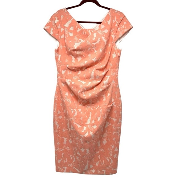 Adrianna Papell Peach Stretch Metallic Jacquard Hibiscus Plus Dress Women’s 14 - Picture 3 of 11